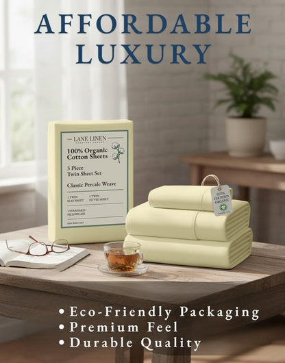 LANE LINEN 100% Organic Cotton Twin Bed Sheet Set, Soft, Comfy & Breathable Hotel Style Percale Bedding Sheets & Pillowcases Set, Mercerized Cotton Fully Elasticized Sheets Twin- Vanilla