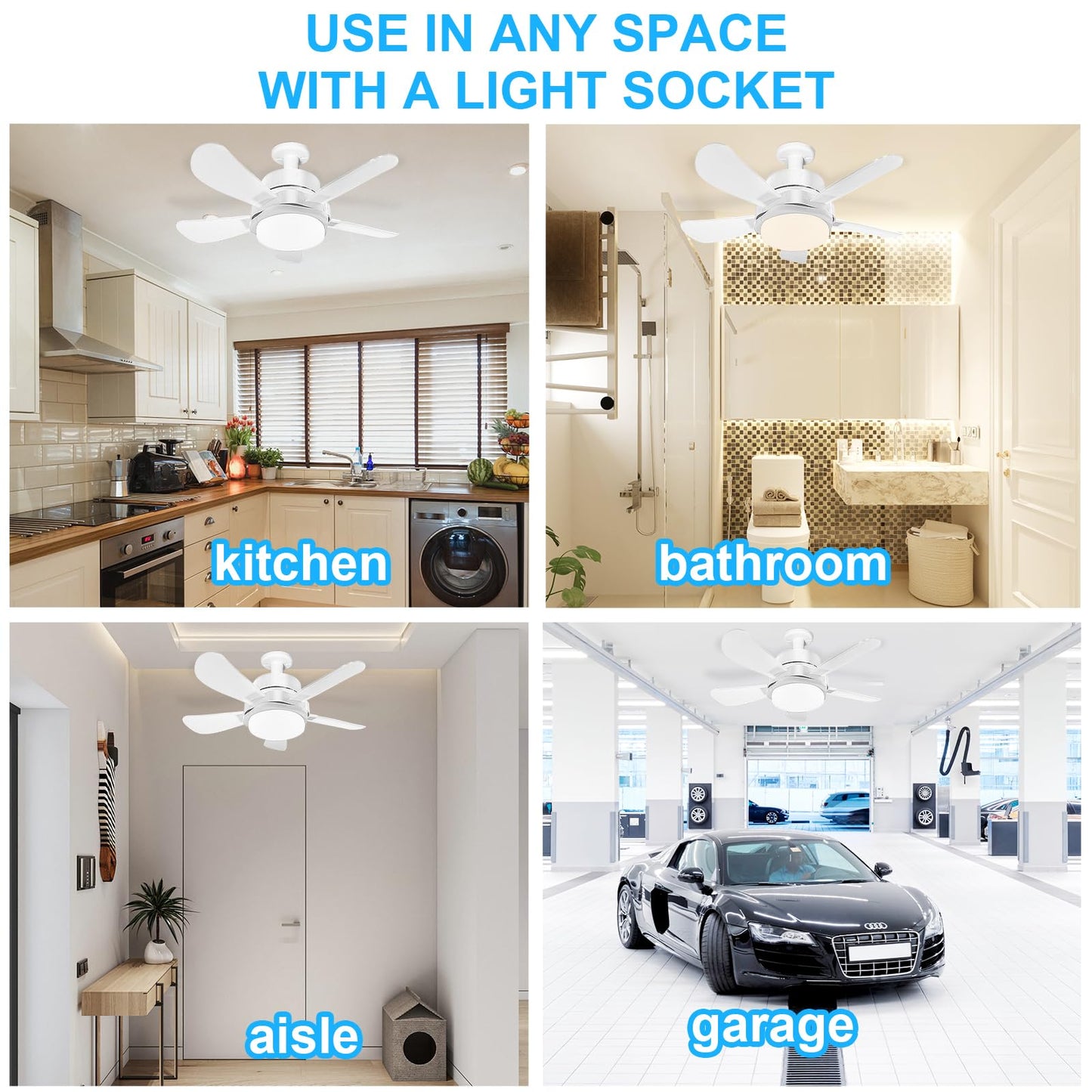 Socket Fan Light, Socket Fan, Socket Fan Light with Remote,Small Ceiling Fans with Lights,Screw in Ceiling Fan in Light Socket for Bedroom, Kitchen, Living Room, Garage (White, 15.8)