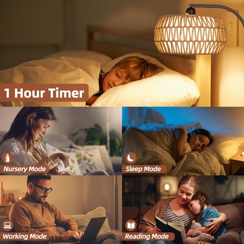 Brilvibera Rattan Standing Lamp with Remote and Dimmable Bulb, Bronze Arch Floor Lamp, Over Couch Lamp with Foot Switch, Brown Boho Lamp for Living Room, Bedroom, Office, Classroom