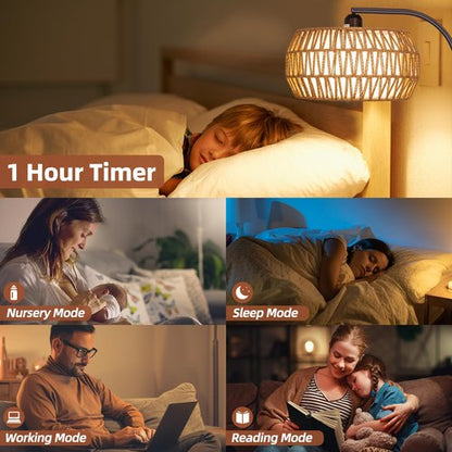 Brilvibera Rattan Standing Lamp with Remote and Dimmable Bulb, Bronze Arch Floor Lamp, Over Couch Lamp with Foot Switch, Brown Boho Lamp for Living Room, Bedroom, Office, Classroom