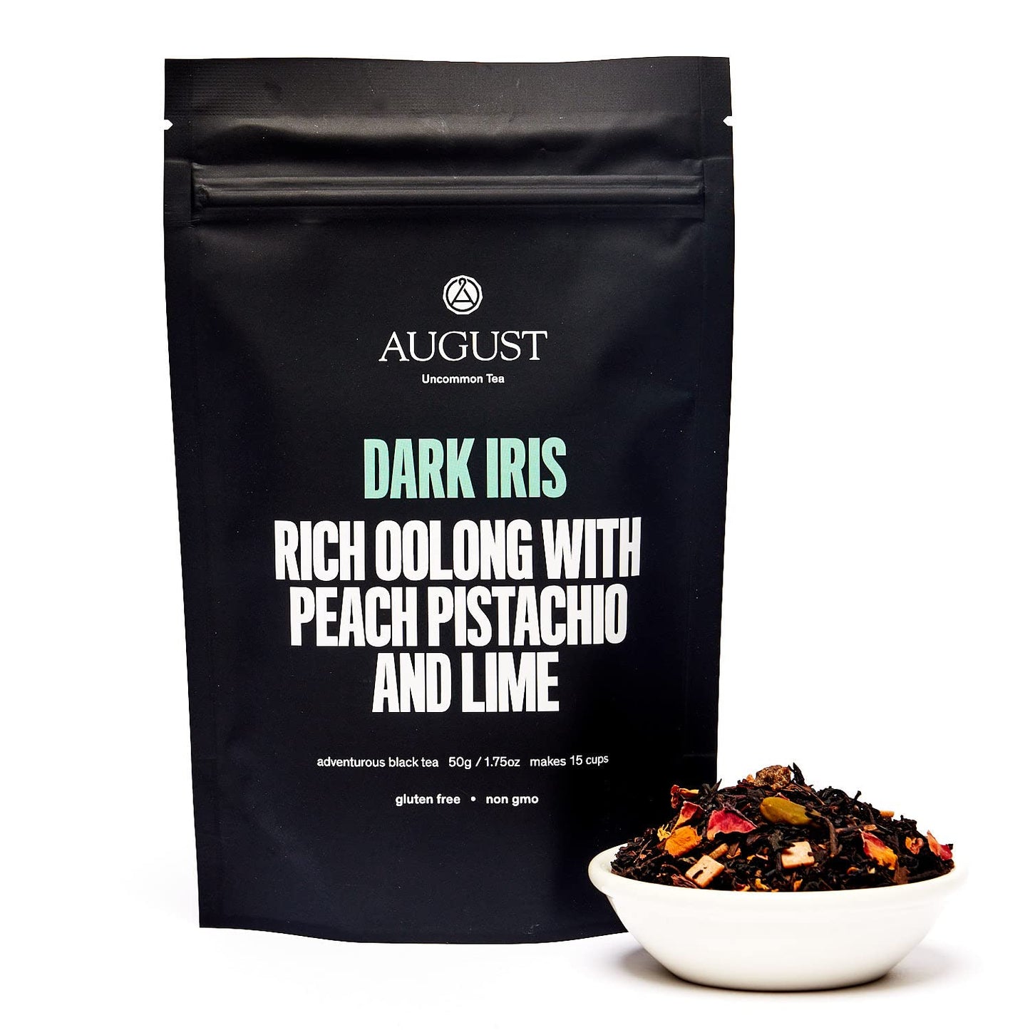 August Uncommon Loose Leaf Tea - Dark Iris Rich Oolong with Peach, Pistachio and Lime