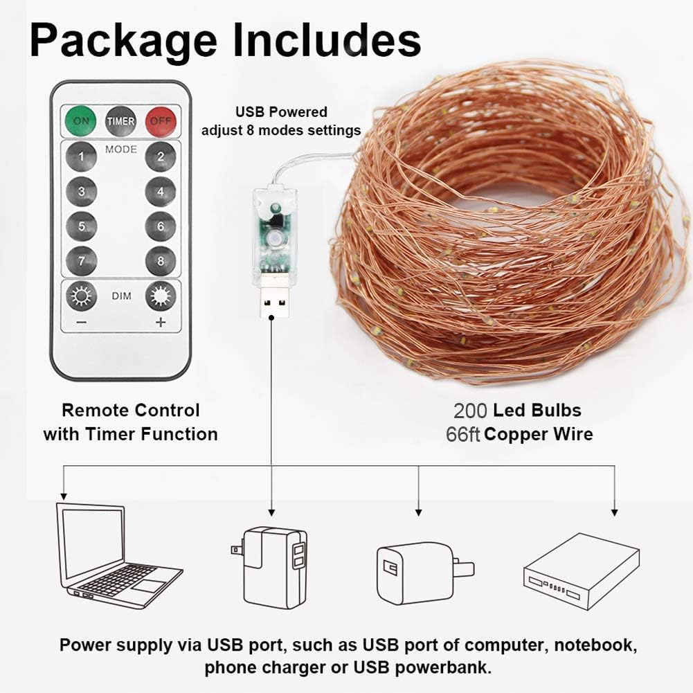 Twinkle Star 200 LED Copper Fairy String Lights - 66 FT USB Powered with Remote Control | Warm White for Home Decor