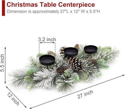 Handcrafted Christmas Centerpiece by [Brand Name] - Snowy Pine Cones & Candle Holders for Dining Table | 27.5 in