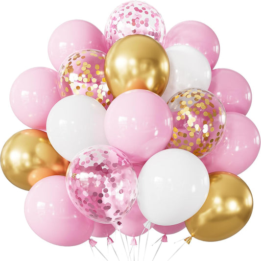 Skiennix Pink and Gold Balloon Set - 12-Inch Light Pink & White Latex Balloons with Shiny Metallic Gold Glitter for Baby Shower & Birthday Party Decorations