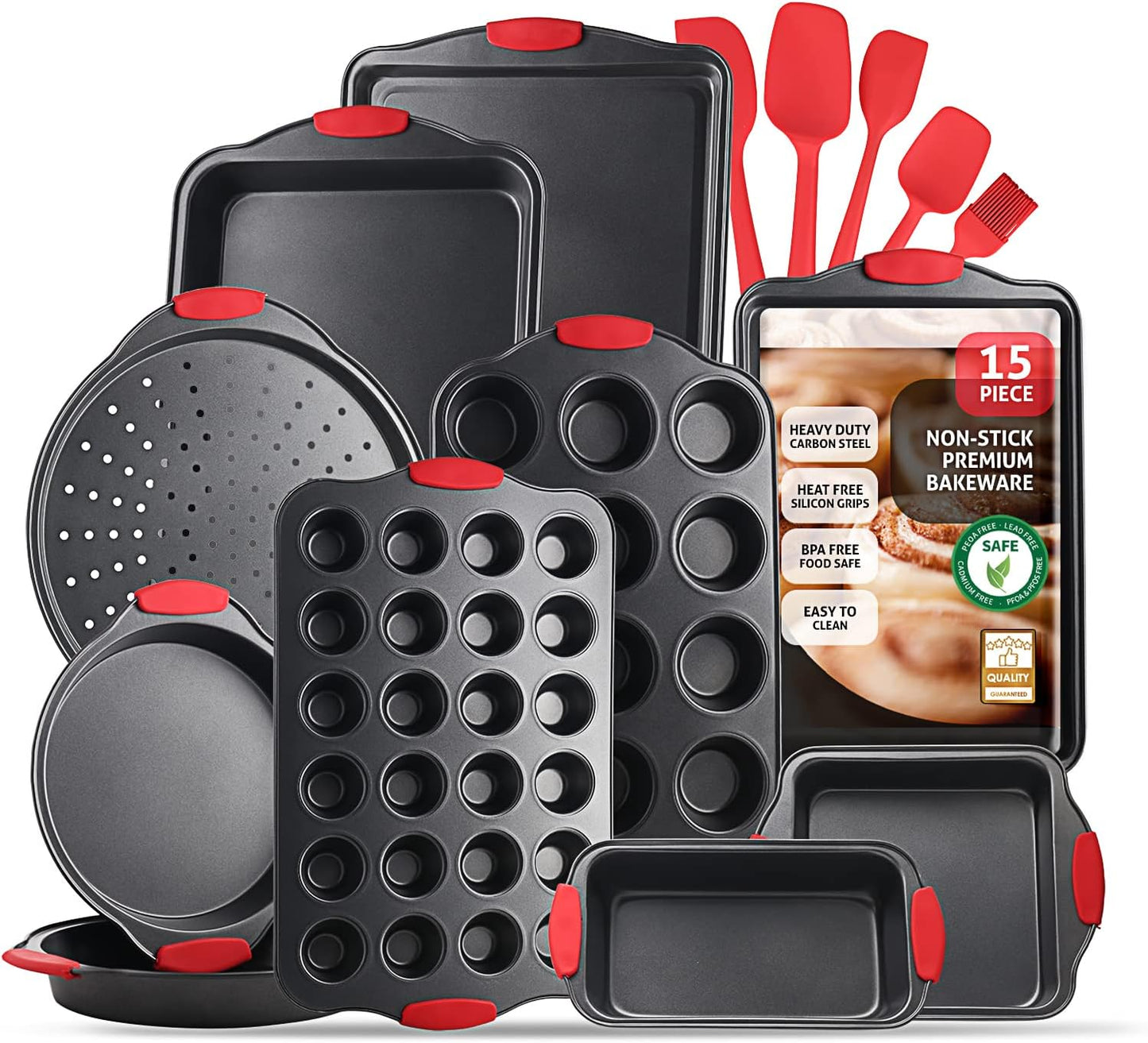 Skiennix 15-Piece Nonstick Baking Pan Set - Premium BPA-Free Bakeware with Cookie Sheets, Muffin Pan & Utensils | Black