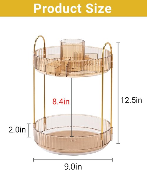 Asayuee 360° Rotating Makeup Organizer - Large Capacity 2-Tier Vanity Storage in Gold