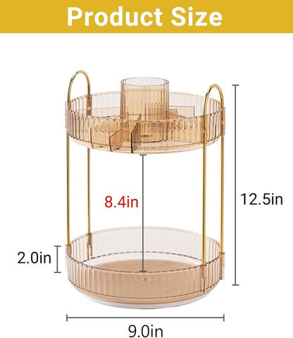 Asayuee 360° Rotating Makeup Organizer - Large Capacity 2-Tier Vanity Storage in Gold
