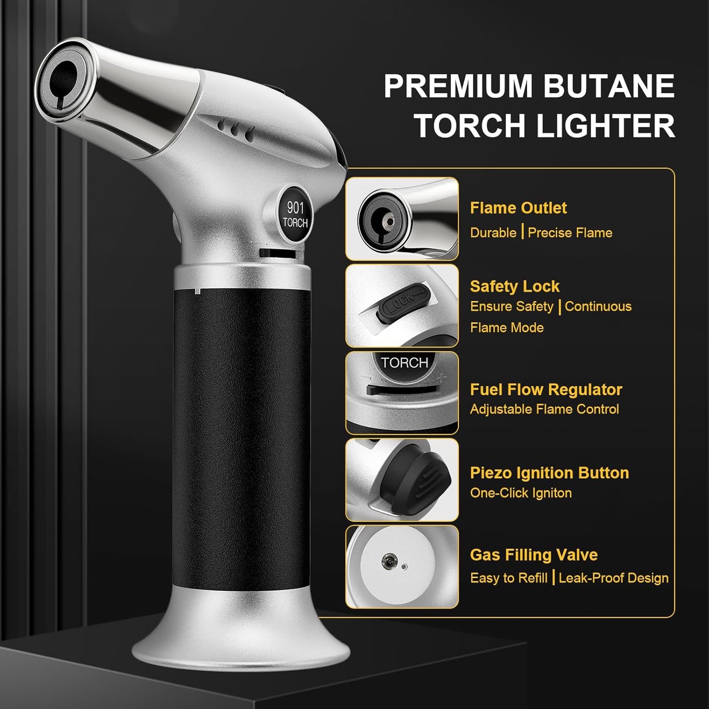 TBTEEK Butane Torch - Adjustable Flame Kitchen Torch with Safety Lock for Cooking, BBQ & Baking