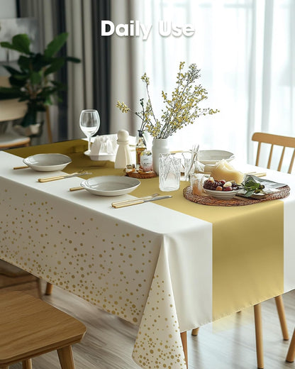 Pureegg Disposable Plastic Tablecloths - 10 Pack, 54 x 108 Inch, Sturdy & Leakproof, White Gold for Graduation Parties