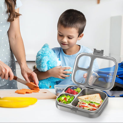 LOHASOK Kids Stainless Steel Bento Box with Silicone Lid Leak-proof Toddlers Lunch Container 3 Compartments Dishwasher Safe Grey