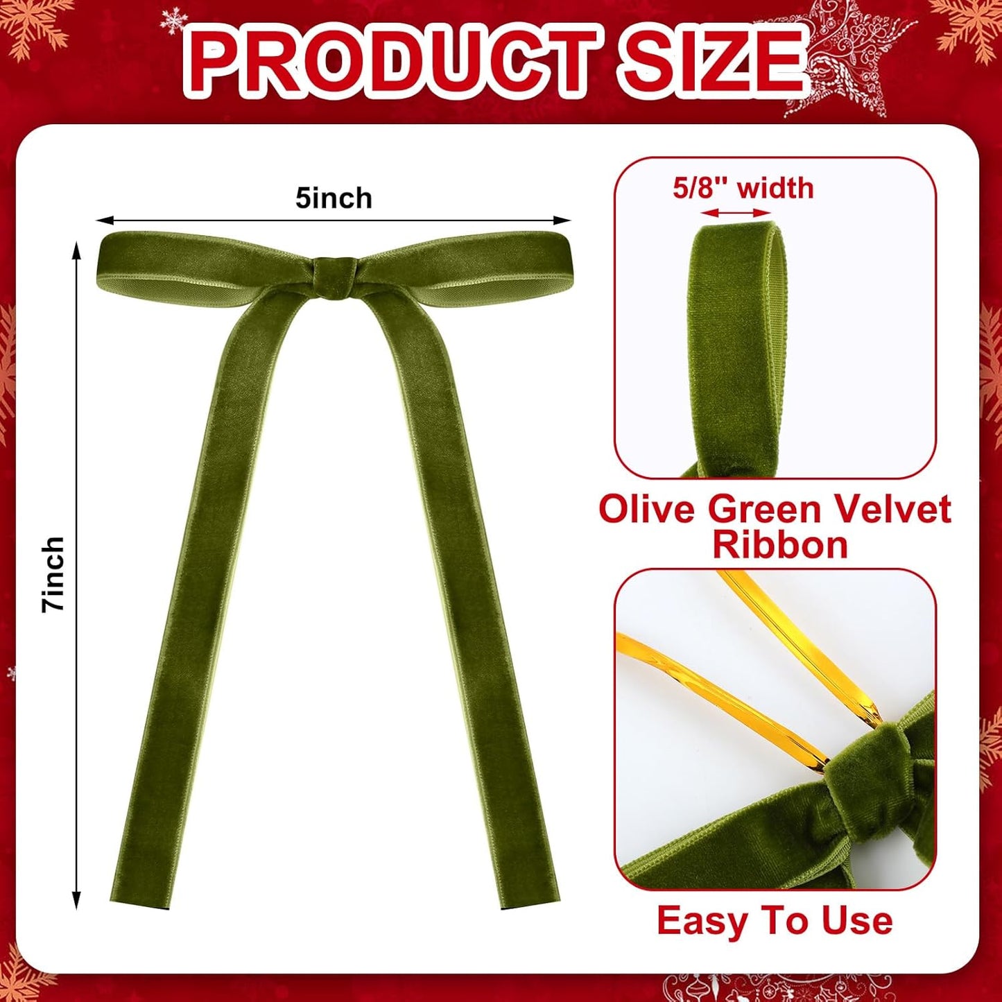 Regine Switzerland Velvet Bows - 24 Pcs Moss Green Christmas Tree Ornaments | Perfect for Home Decor & Weddings (5 x 7 Inch, 5/8 Inch Width)