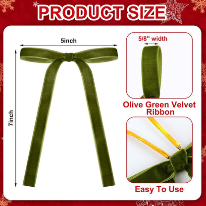 Regine Switzerland Velvet Bows - 24 Pcs Moss Green Christmas Tree Ornaments | Perfect for Home Decor & Weddings (5 x 7 Inch, 5/8 Inch Width)