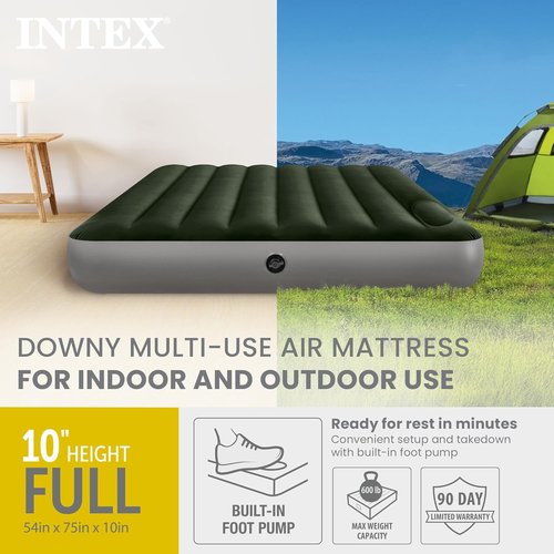Intex Dura-Beam Standard Downy Air Mattress - Full Size with Built-in Foot Pump | 10in Height, 300lb Capacity