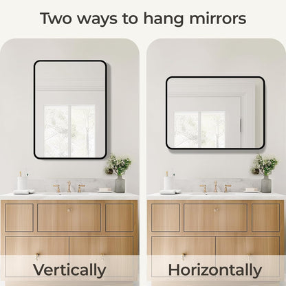 USHOWER Black Bathroom Mirror - 22 x 30 Inch Matte Rectangle Mirror with Rounded Metal Frame