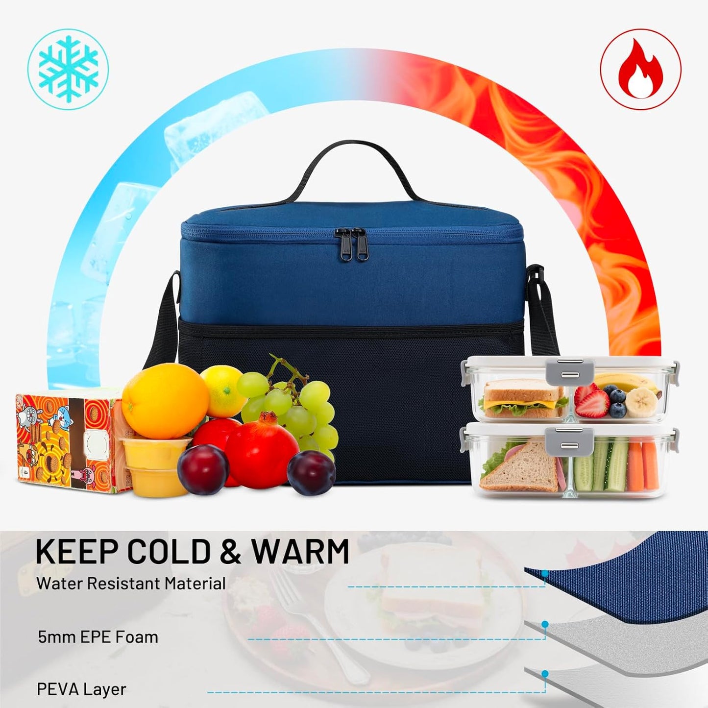 MIER Insulated Lunch Bag - Portable 12-Can Cooler with Shoulder Strap for Office & School | Medium Navy