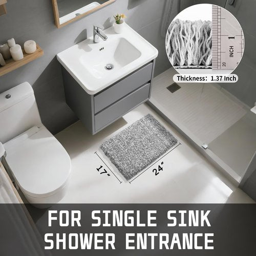 Yimobra Bathroom Rugs Non Slip Washable, Ultra Soft and Water Absorbent Bath Mats, Plush Fluffy Shower Mat Outside, Microfiber Thick Matts for Bathroom Floor/Sink, 24x17, Light Gray and White