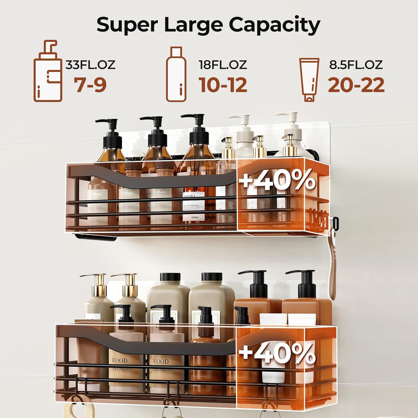 Orimade Shower Caddy - Wall-Mounted Bathroom Organizer with 5 Hooks | No Drilling, SUS304 Stainless Steel - 3 Pack, Black
