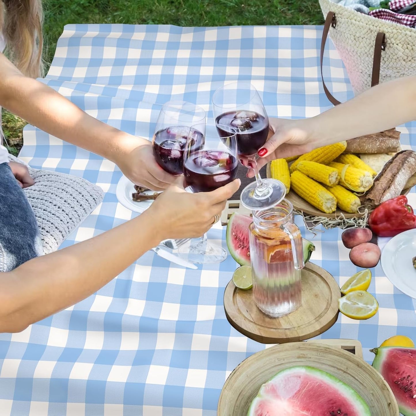 Skiennix Light Blue Gingham Tablecloth - Disposable Waterproof Rectangular Cover | 54" x 108" for Parties & Picnics