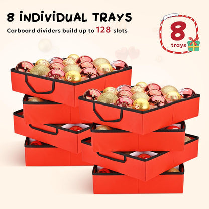 Mrrihand Ornament Storage Box - Dual Zipper Holiday Decoration Organizer for 128 3-Inch Ornaments (Red)