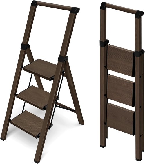 Hillhut Apex 3-Step Foldable Aluminum Step Ladder - Lightweight & Portable with Handgrip, 330lbs Capacity (Walnut)