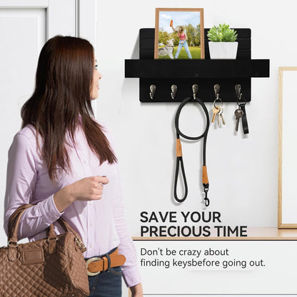 Regine Switzerland Key Holder Wall Mount - Rustic Wooden Key Rack with Shelf & 5 Sturdy Hooks for Entryway Organization
