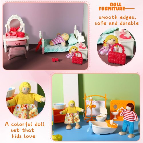 HyDren 83-Piece Wooden Dollhouse Furniture Set - Includes 8 Flexible Dolls for 5 Rooms | Perfect Gift for Toddlers