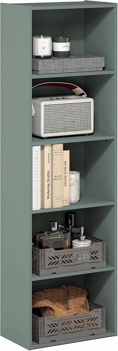 Furinno LUDER 5-Tier Bookshelf - Open Shelves Design for Easy Assembly | Sage Green, 9.4 x 15.8 x 52 Inches