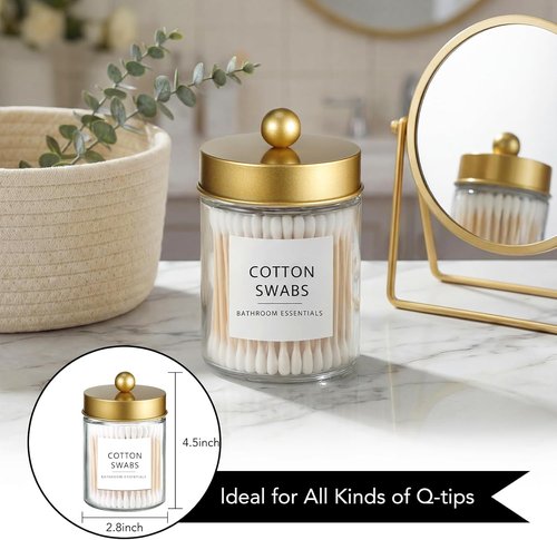 Amolliar Q-Tips Dispenser Holder - Elegant Glass Apothecary Jars with Gold Lid | 4-Pack Bathroom Organizer