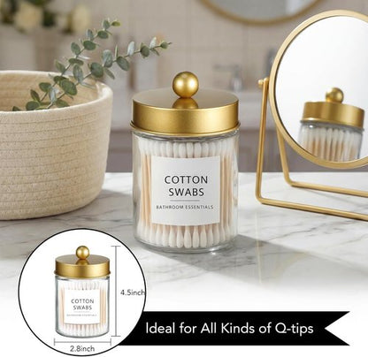 Amolliar Q-Tips Dispenser Holder - Elegant Glass Apothecary Jars with Gold Lid | 4-Pack Bathroom Organizer