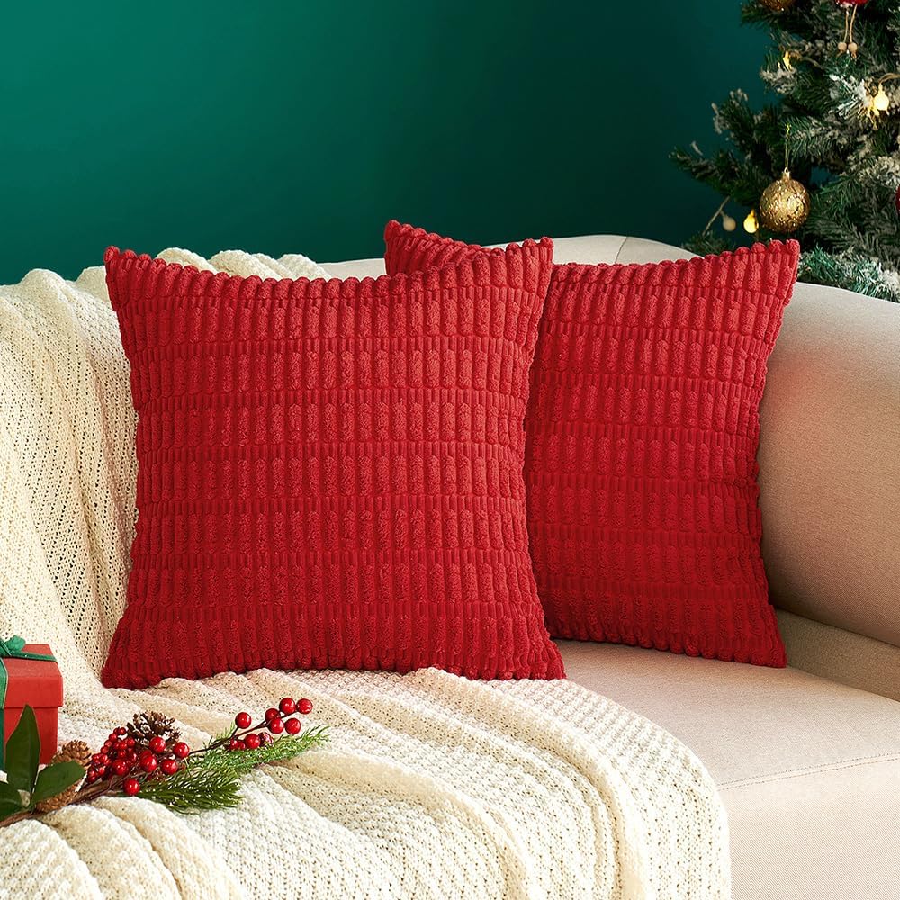 MIULEE Decorative Pillow Covers - Pack of 2 Red Corduroy 16x16 Inch Soft Boho Striped Design for Modern Farmhouse Decor