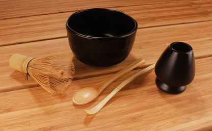 BambooMN Matcha Bowl Set (Includes Bowl, Rest, Tea Whisk, Chasaku & Tea Spoon) 1 Set Black