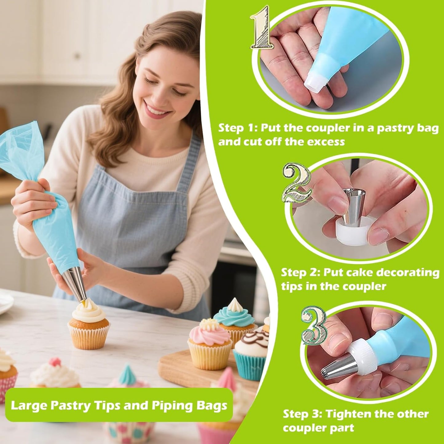 Suuker Large Piping Tips Set - Seamless Stainless Steel Cake Decorating Tips & Bags | Perfect for Cupcakes, Cakes & Cookies