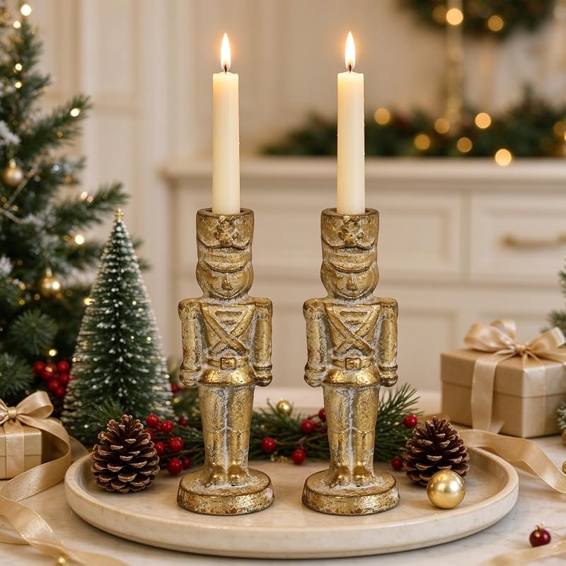 Set of 2 Gold Nutcracker Candle Holders - Handcrafted Iron Christmas Decor (Variation: Gold Nutcracker)