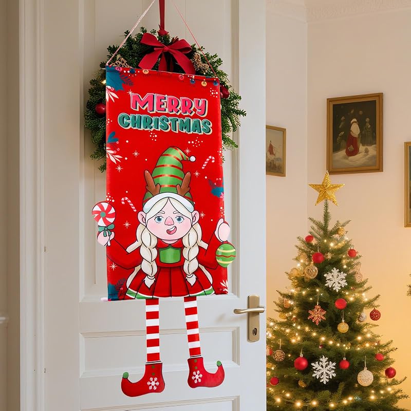 Elf Girl Christmas Banner - Merry Xmas Hanging Flag for Door Decor, Weatherproof Polyester