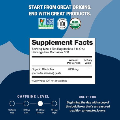 FGO Organic Black Tea, 100 Count, Eco-Conscious Tea Bags, Caffeinated, Resealable Bag, Packaging May Vary (Pack of 1)