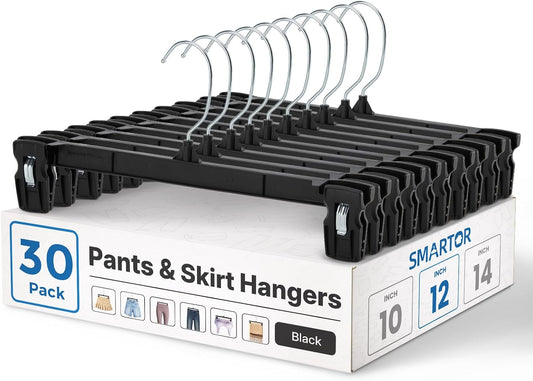 Smartor Pants Hangers - 30 Pack Heavy-Duty Black Clips with 360° Hooks for Shorts, Trousers, and Skirts | 12 Inch