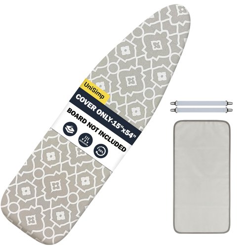 UniSimp Ironing Board Cover and Pad 15"x54" Extra Thick Natural Cotton, Scorch and Stain Resistant Padding, Standard Size Iron Board Cover with Fasteners Heavy Duty Elastic Edge, Heatproof Geometric