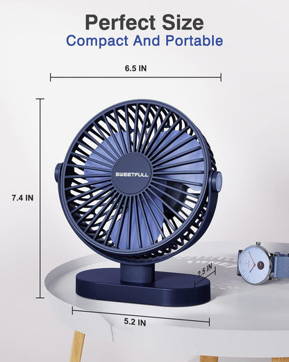 Sweetfull Small USB Desk Fan - 3-Speed Portable Mini Fan with 360° Adjustment | Quiet Operation, Blue