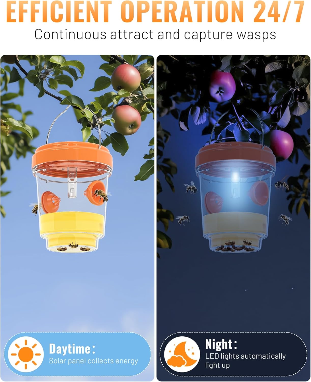 Skiennix Wasp Traps - Solar Powered Outdoor Hanging Traps with Rubber Whiskers & LED Light | 2 Pack