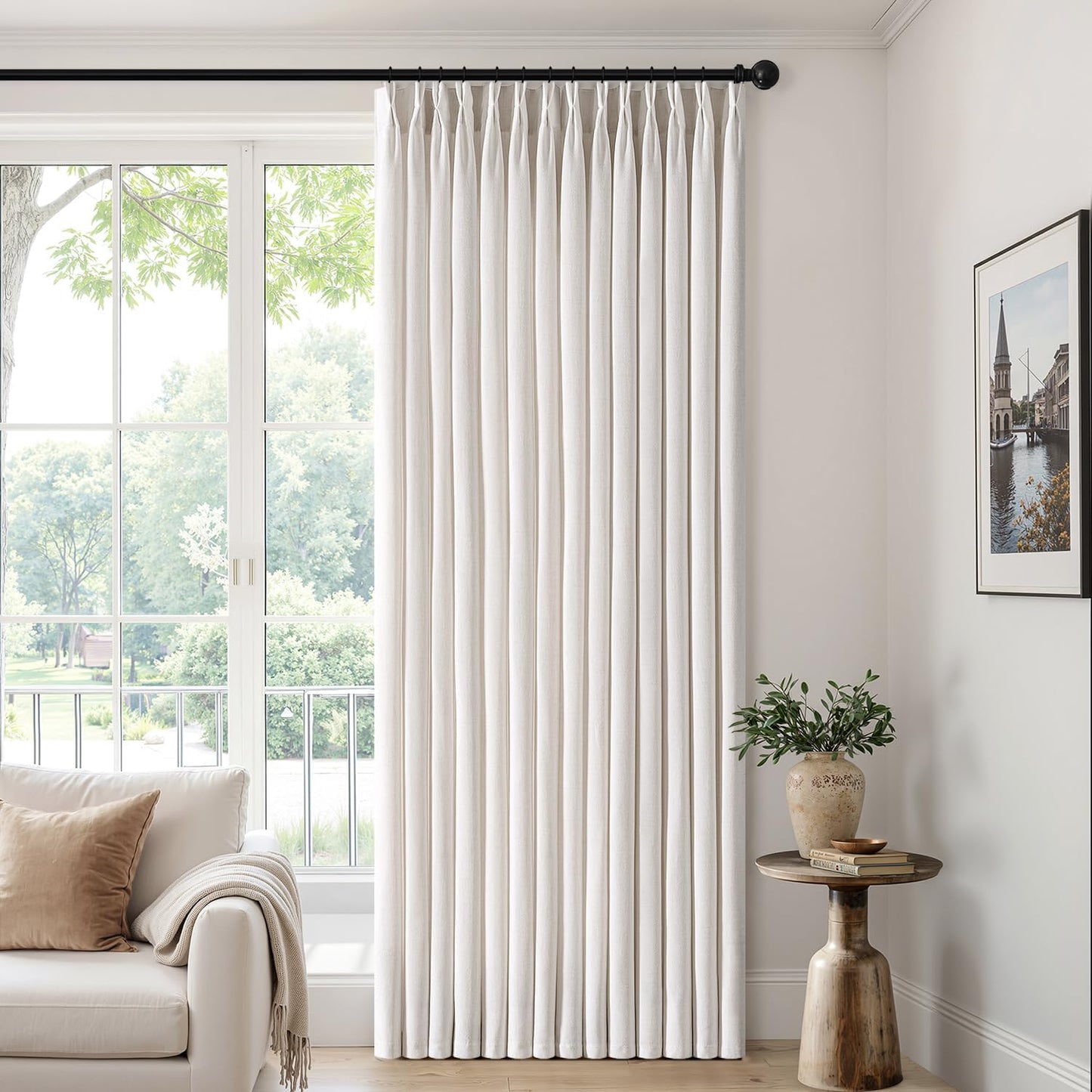 MIULEE Pinch Pleated Thick Linen Curtains - 90 Inch, 4 Panels, Semi-Sheer Light Filtering Drapes in Beige & White