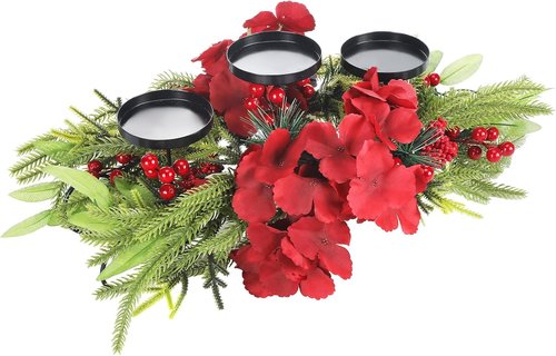LemonRoad Christmas Table Centerpiece - 24 Inch Artificial Hydrangea Candelabrum with Candle Holders, Pine Needles & Berries