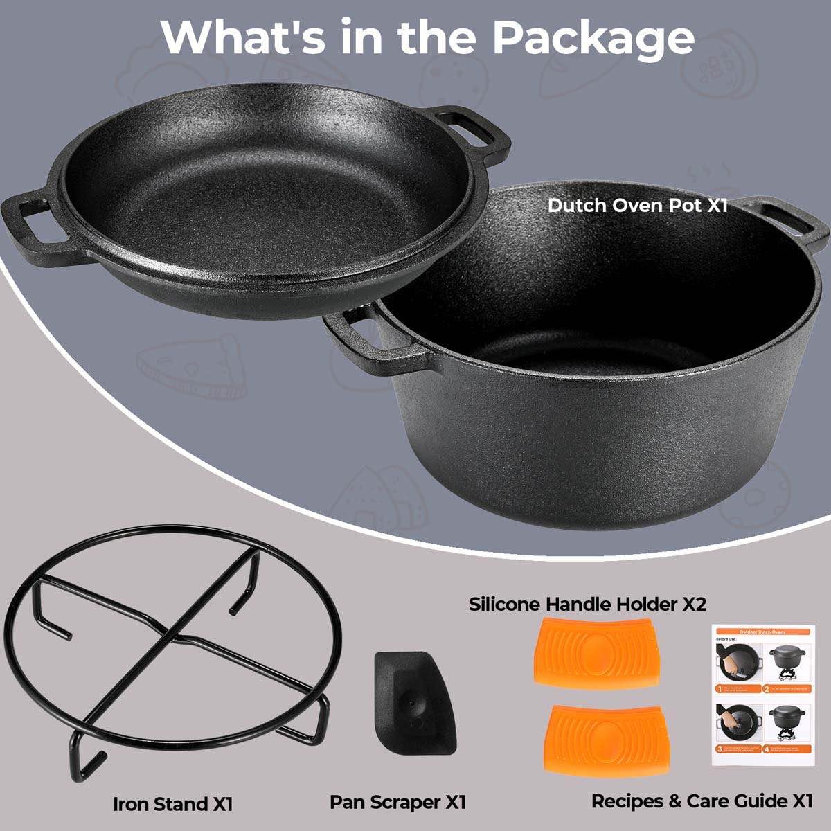 TLGREEN Cast Iron Dutch Oven Pot with Lid,Cast Iron Pot (5.1QT) and Cast Iron Lid as a Skillet(1.9QT) - Dutch Oven Cast Iron with Silicone Holders, Iron Stand, for Oven, Stove, Grill，Campfire