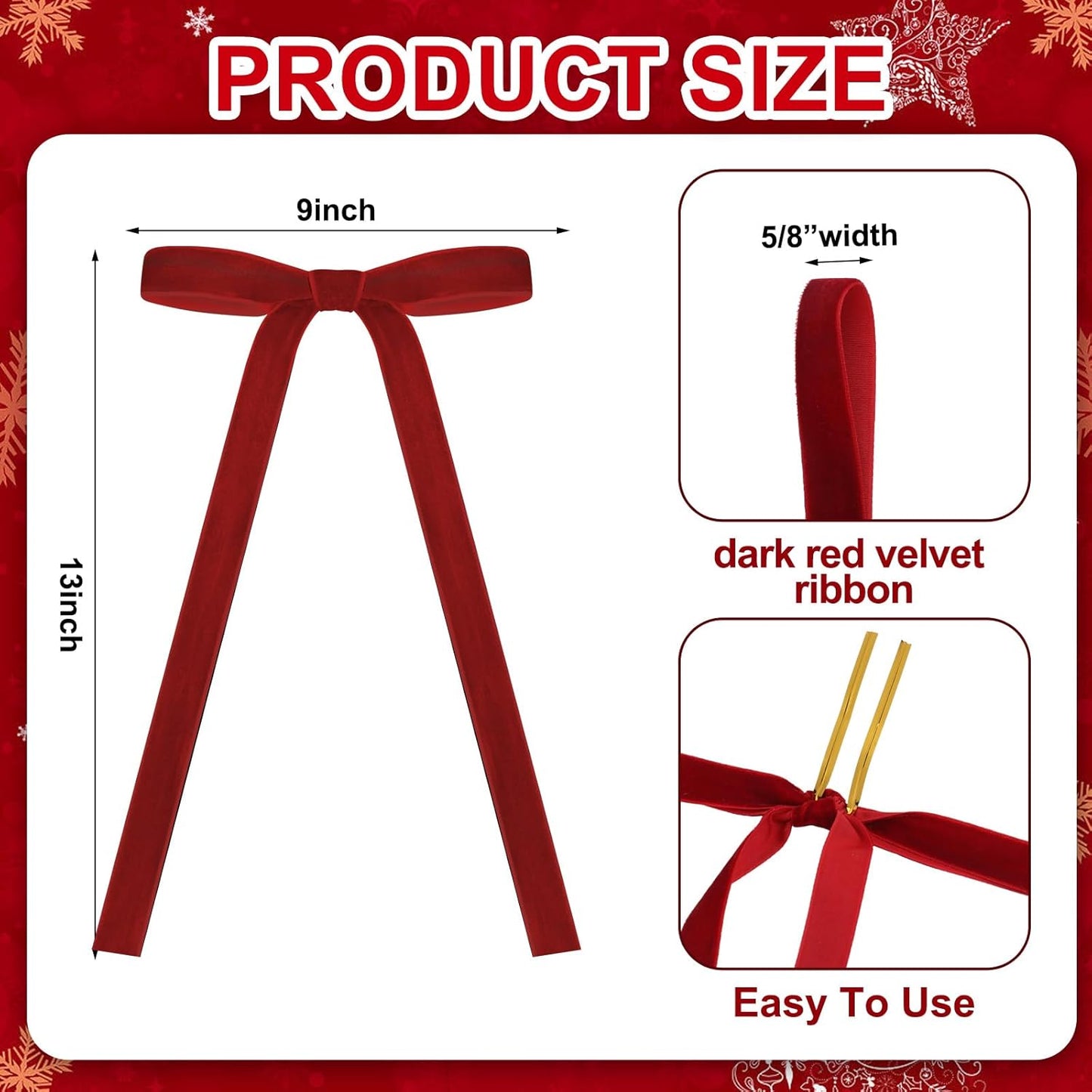 Skiennix 24 Pcs Velvet Bows - Vintage Ribbon Bows for Christmas Tree & Crafts | Dark Red, 9 x 13 Inch