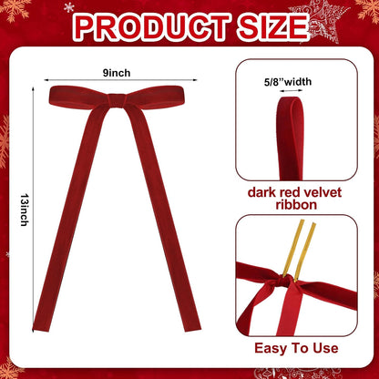 Skiennix 24 Pcs Velvet Bows - Vintage Ribbon Bows for Christmas Tree & Crafts | Dark Red, 9 x 13 Inch