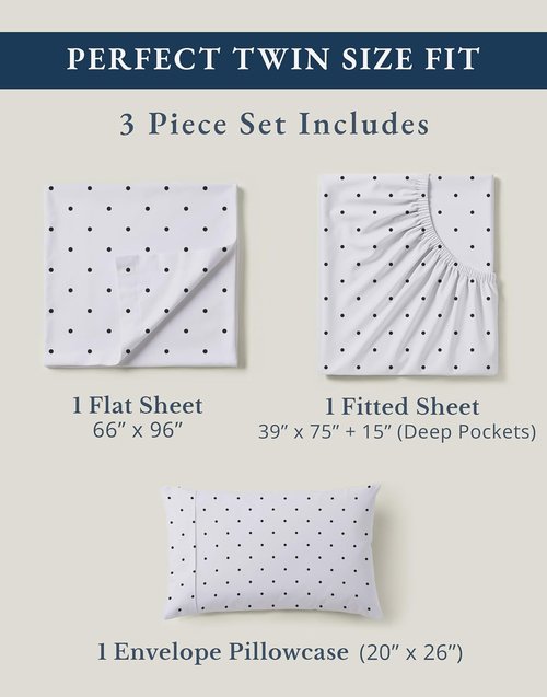 LANE LINEN 100% Organic Cotton Twin Sheets Set - 3 PC Bedding Sheets & Pillowcases - Breathable & Cooling Bed Sheets - Deep Pocket up to 15", Sheets for Twin Size Bed: Polka Dot (Black)