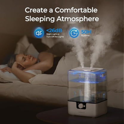 CHIVALZ 6L Cool Mist Humidifier - Ultra Quiet 26dB | 50-Hour Runtime for Large Rooms & Nurseries - White