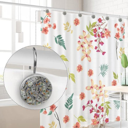 LRCCJS Money Design Shower Curtain Hooks - 12 Pack Decorative Dollar Bill Print Bathroom Curtain Rings, ABS Resin Anti-Rust Hook Set for Standard Rods