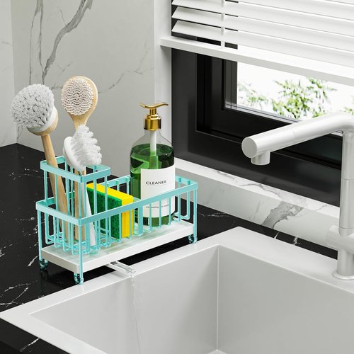 Cisily Sponge Holder for Kitchen Sink, Sink Caddy Organizer with High Brush Holder, Kitchen Countertop Organizers and Storage Essentials, 304 Stainless Steel, Teal Kitchen Decor (Turquoise, 9.25″)
