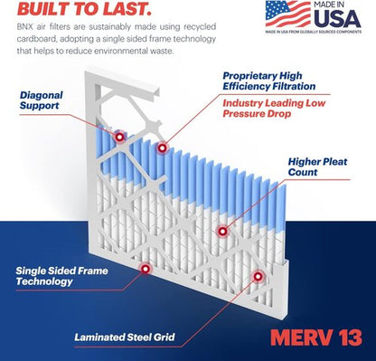 BNX TruFilter MERV 13 Air Filters 16x25x1 (6-Pack) - Electrostatic Pleated for Allergies & Smoke