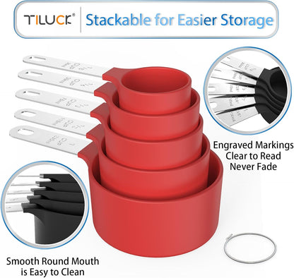 TILUCK Measuring Cups & Spoons Set - Stackable Kitchen Gadgets with Stainless Steel Handles | Red